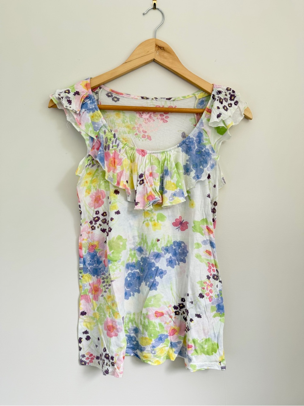 Floral Ruffle Scoop Neck Women's Top in Multicolor